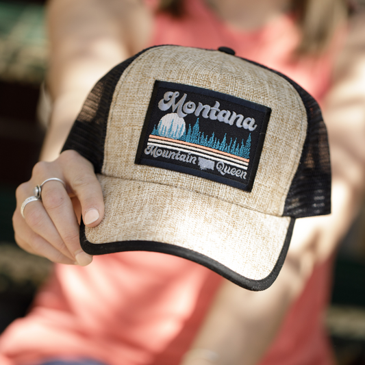 Montana Mountain Queen Burlap Trucker Hat